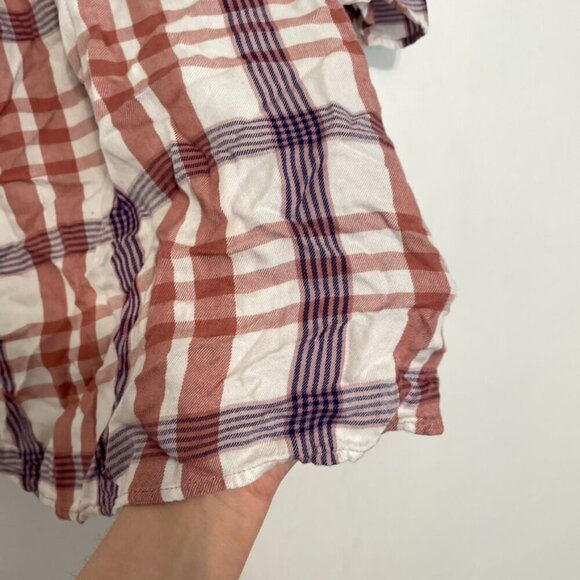 EXPRESS Plaid Off the Shoulder Blouse White Mauve Rose Pink Short Sleeve Summer - Picture 6 of 12